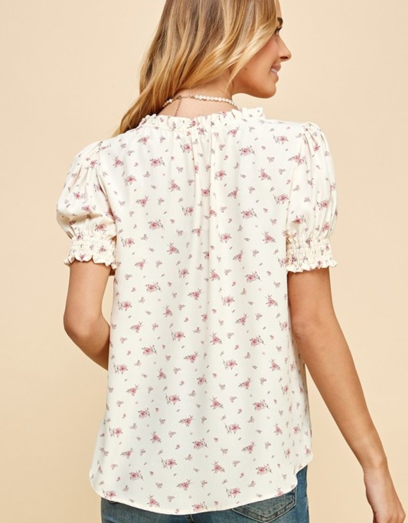 509 Broadway Ruffled V-Neck Floral Printed Top