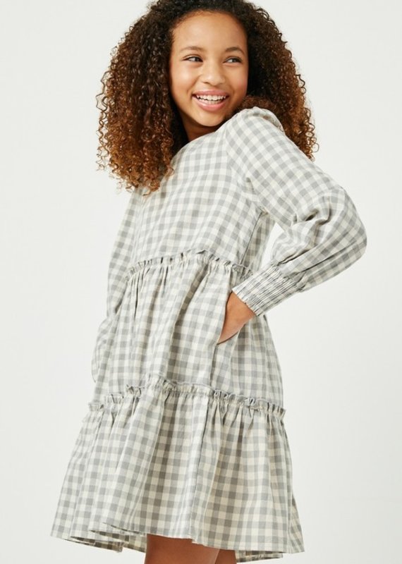 509 Broadway Girls Smocked Cuff V-Neck Tiered Plaid Dress