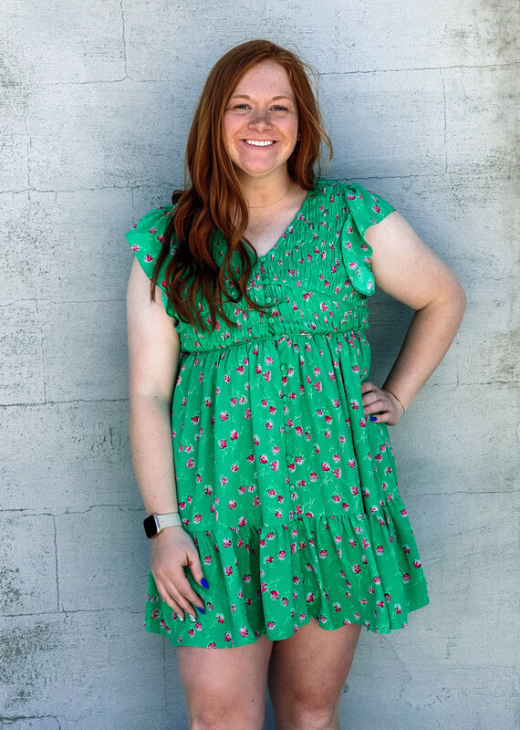 509 Broadway Green Floral Ruffle Sleeve Dress