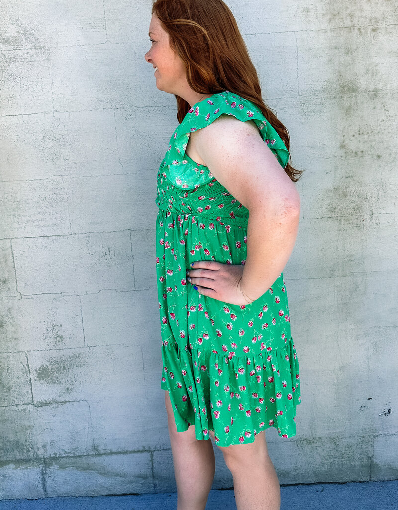 509 Broadway Green Floral Ruffle Sleeve Dress