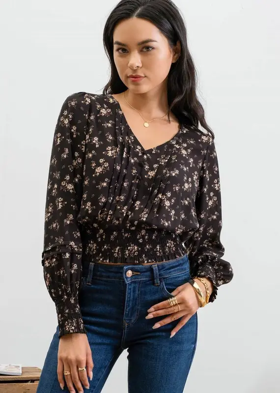 509 Broadway Floral Front Pleated Woven Top