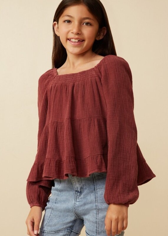 509 Broadway Girls Smock Detail Textured Peplum Top