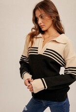 509 Broadway Stripe Notched Collar Sweater