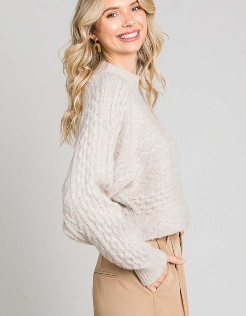 509 Broadway Cozy Brushed Marled Cable Crop Sweater