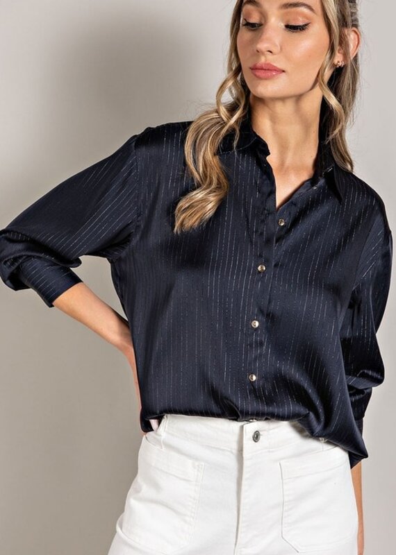 509 Broadway Classy Satin Striped Button Down Top