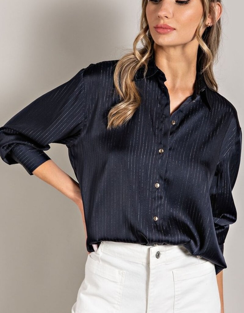 509 Broadway Classy Satin Striped Button Down Top