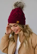 509 Broadway Burgundy Cable Knit Pom Hat