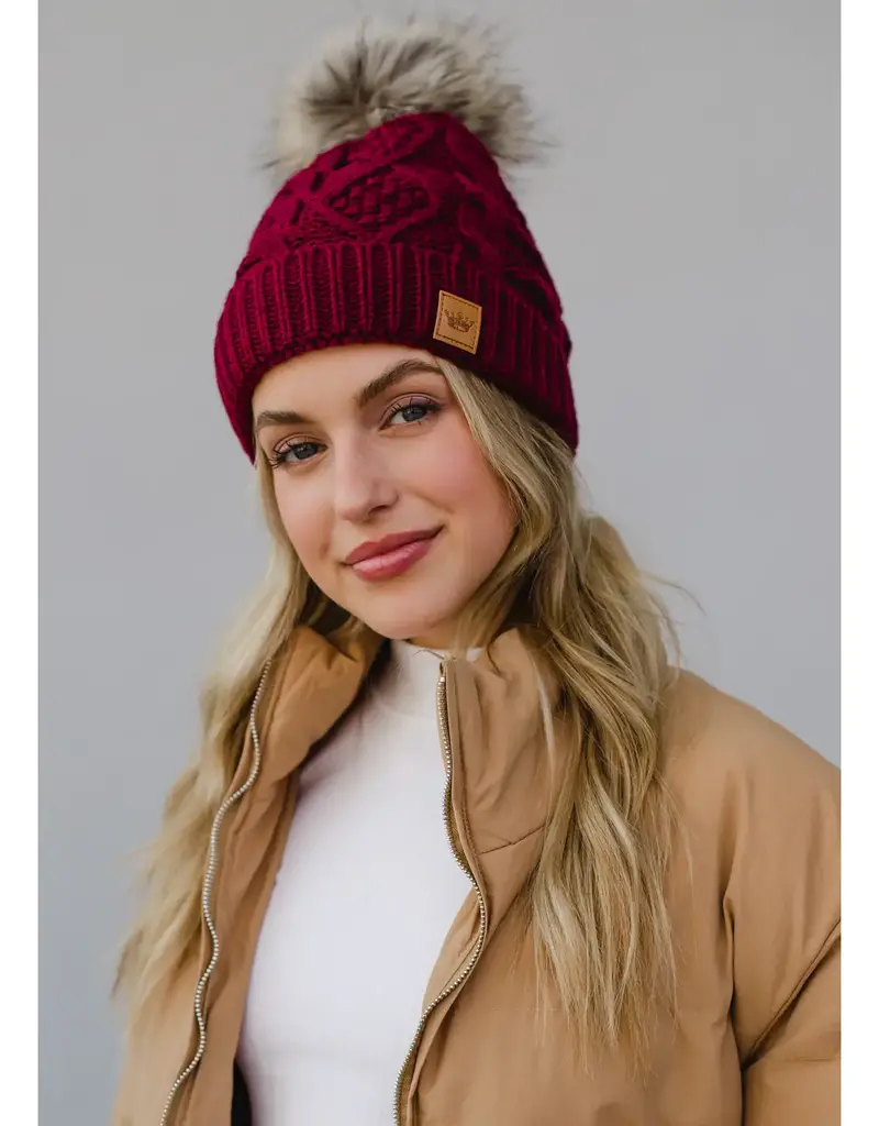 509 Broadway Burgundy Cable Knit Pom Hat