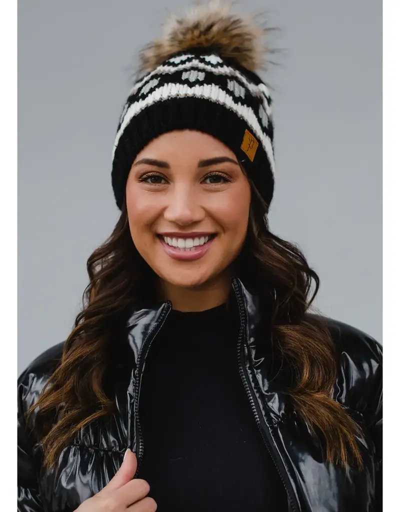 509 Broadway Black, White & Tan Pattern Pom Hat