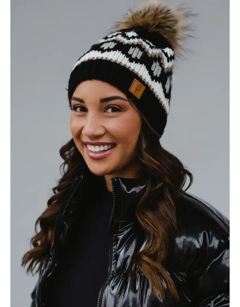 509 Broadway Black, White & Tan Pattern Pom Hat