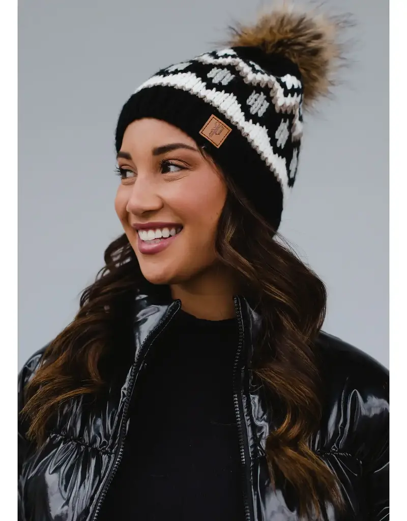 509 Broadway Black, White & Tan Pattern Pom Hat