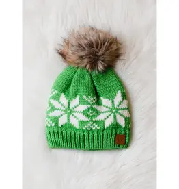 509 Broadway Bright Green & White Snowflake Pom Hat
