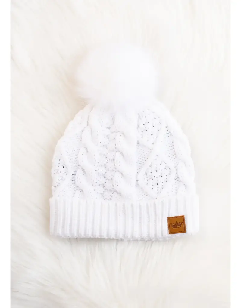 509 Broadway White Cable Knit Pom Hat