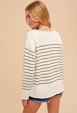 509 Broadway Round Neck Side Slit Stripe Sweater