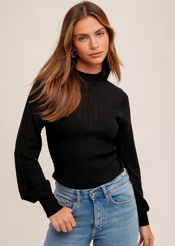 509 Broadway Mock Neck Pointelle Bubble Sweater