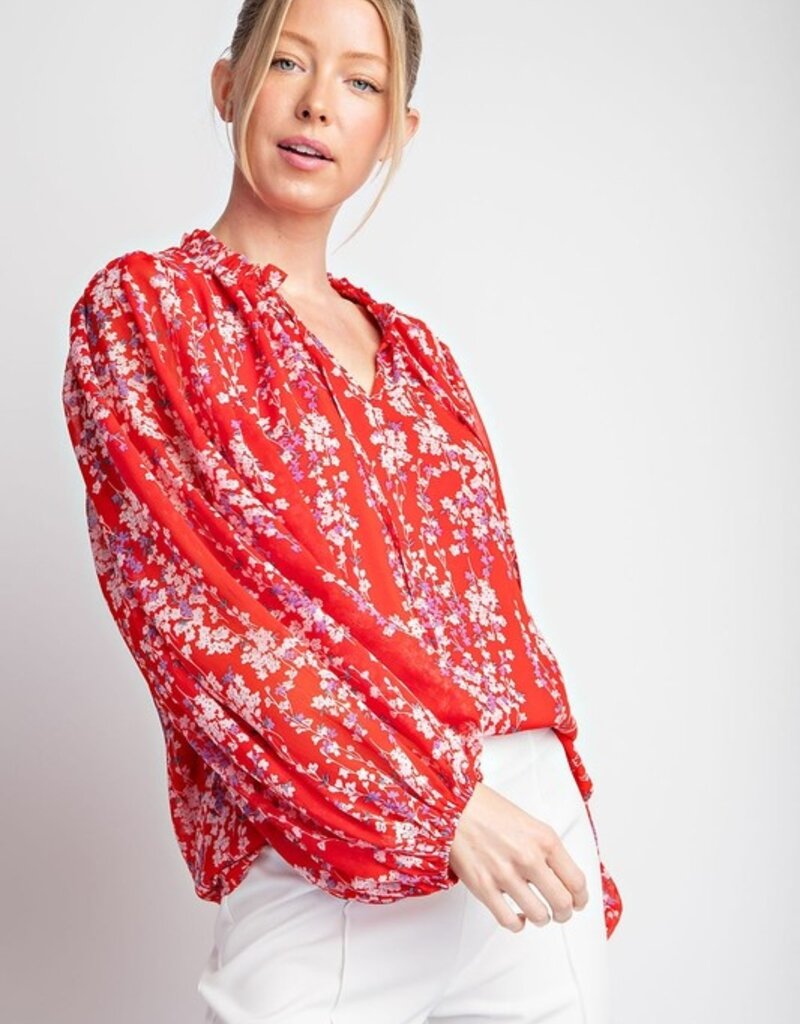 509 Broadway Floral Printed Bubble Sleeve Top