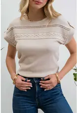 509 Broadway SS Tab Lace Trim Crinkle Blouse