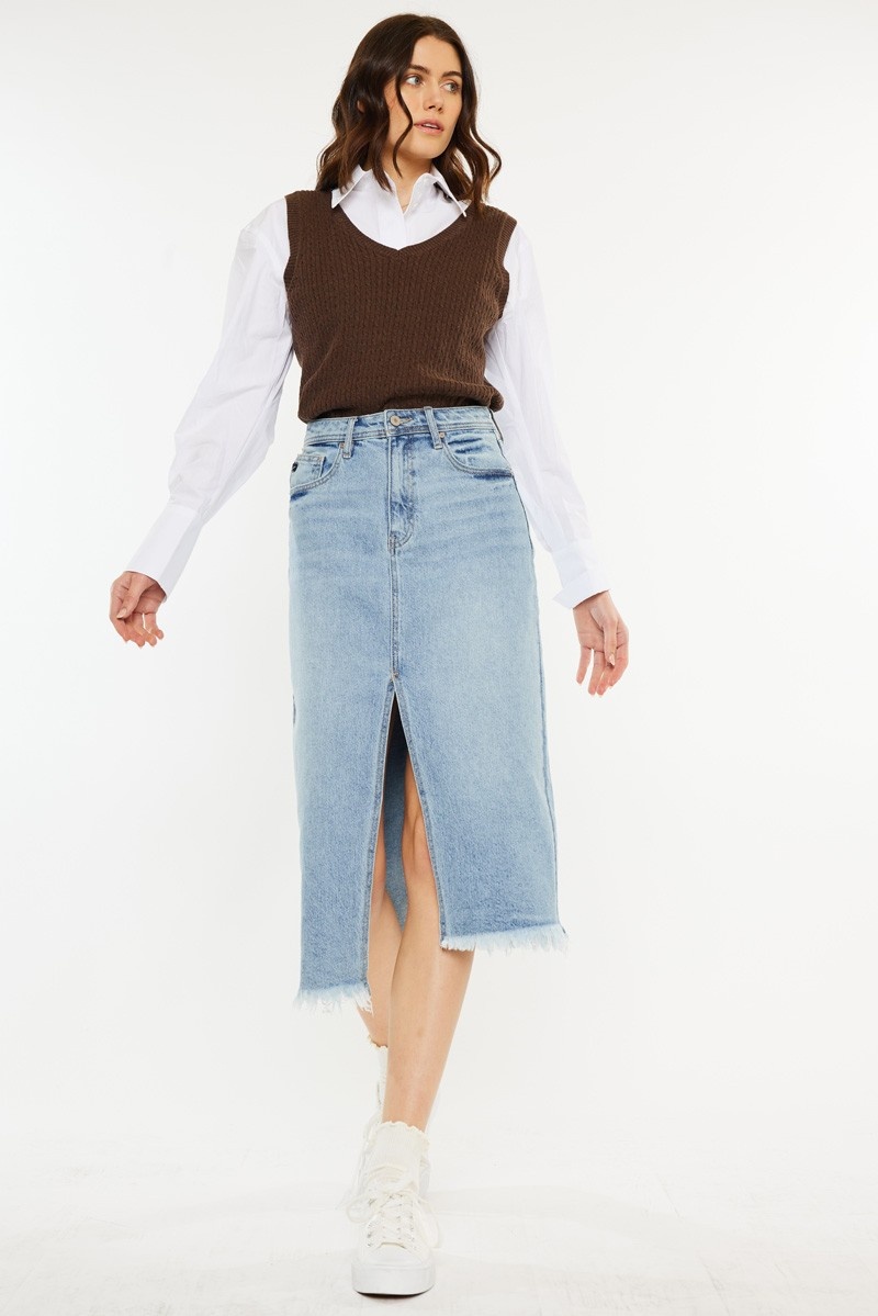 High Rise Denim Midi Skirt - 509 Broadway