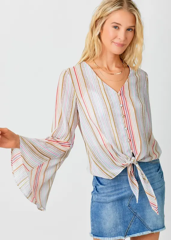 509 Broadway Tie Front Bell Sleeve Blouse