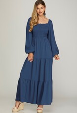 509 Broadway Puff Long Sleeve Smocked Tiered Maxi