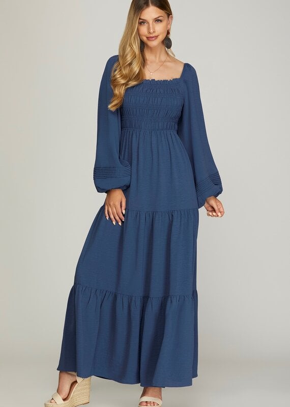 509 Broadway Puff Long Sleeve Smocked Tiered Maxi