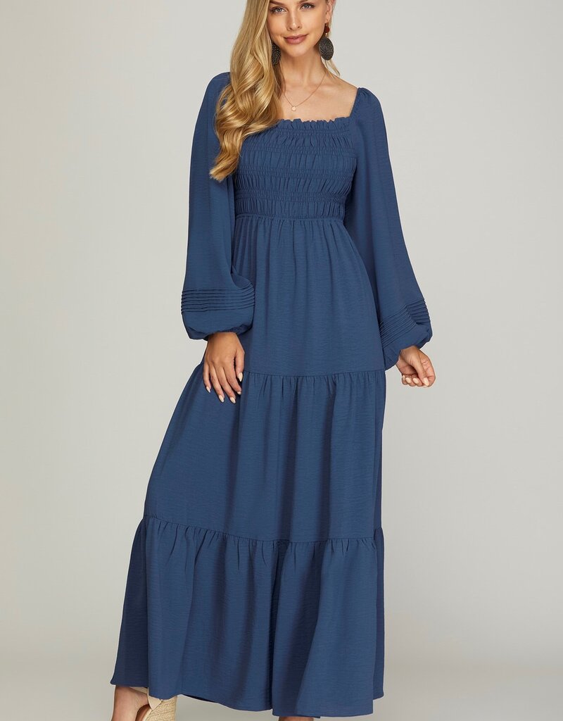 509 Broadway Puff Long Sleeve Smocked Tiered Maxi