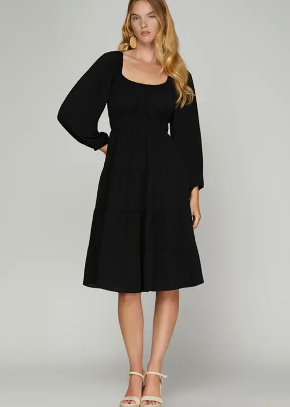 509 Broadway LS Woven Tiered Dress w/ Elastic Waist