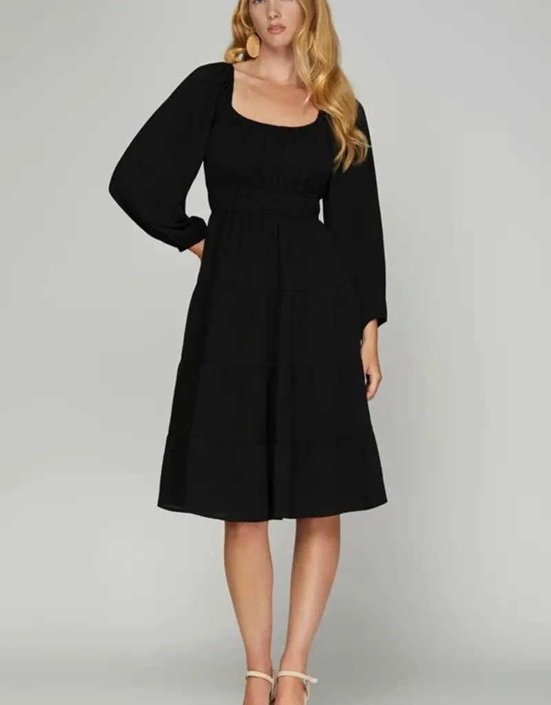 509 Broadway LS Woven Tiered Dress w/ Elastic Waist