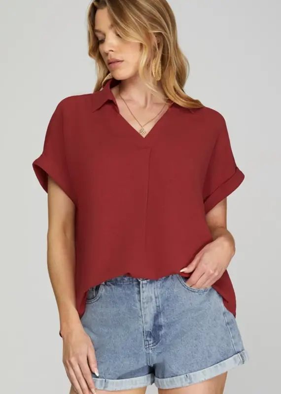 509 Broadway Drop Shoulder Collared Woven Top