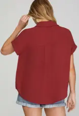 509 Broadway Drop Shoulder Collared Woven Top