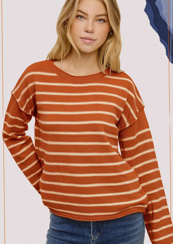 509 Broadway Striped Round Neck Loose Fit Sweater