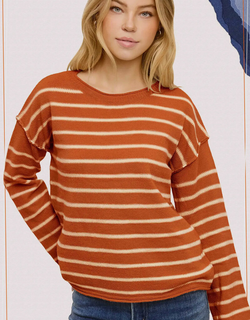 509 Broadway Striped Round Neck Loose Fit Sweater