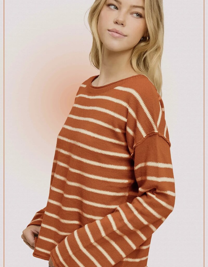 509 Broadway Striped Round Neck Loose Fit Sweater