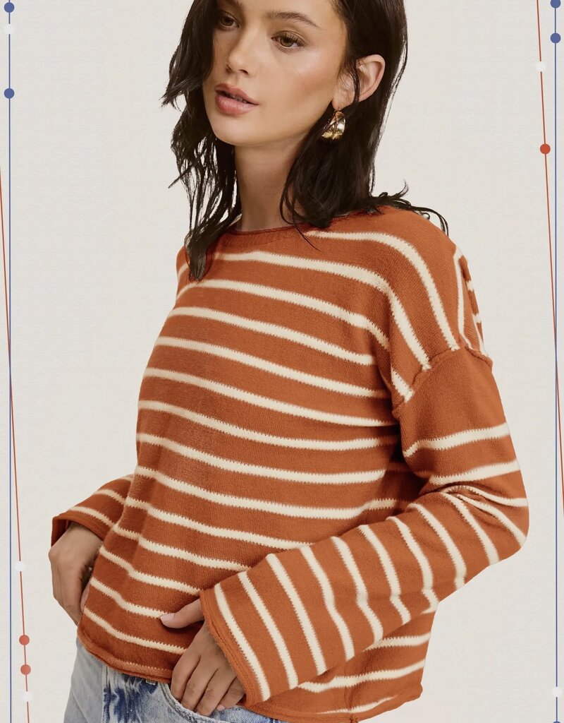 509 Broadway Striped Round Neck Loose Fit Sweater