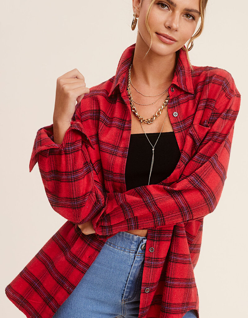 509 Broadway Loose Fit Button Down Plaid Shirt