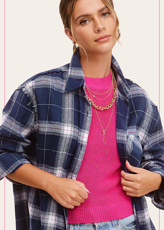 509 Broadway Loose Fit Button Down Cut Edge Plaid