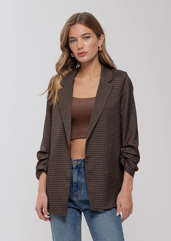 509 Broadway Plaid Ruched Sleeve Blazer