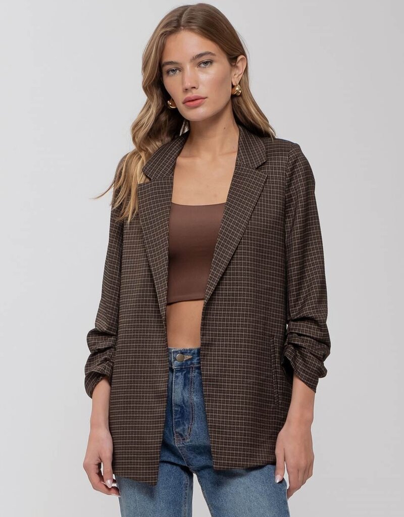 509 Broadway Plaid Ruched Sleeve Blazer