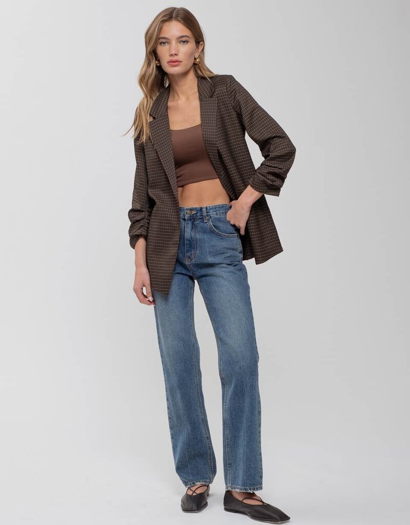 509 Broadway Plaid Ruched Sleeve Blazer