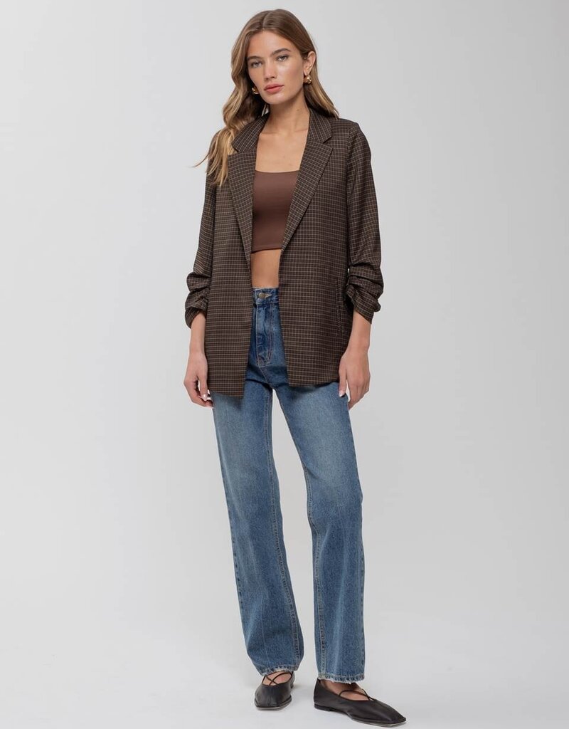 509 Broadway Plaid Ruched Sleeve Blazer