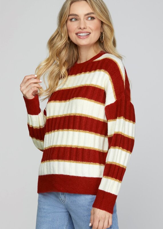 509 Broadway Long Sleeve Stripe Lurex Sweater