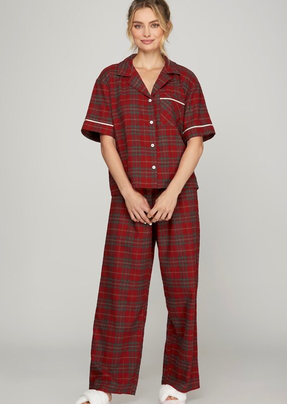 509 Broadway Woven Plaid SS Long Pant Pajama