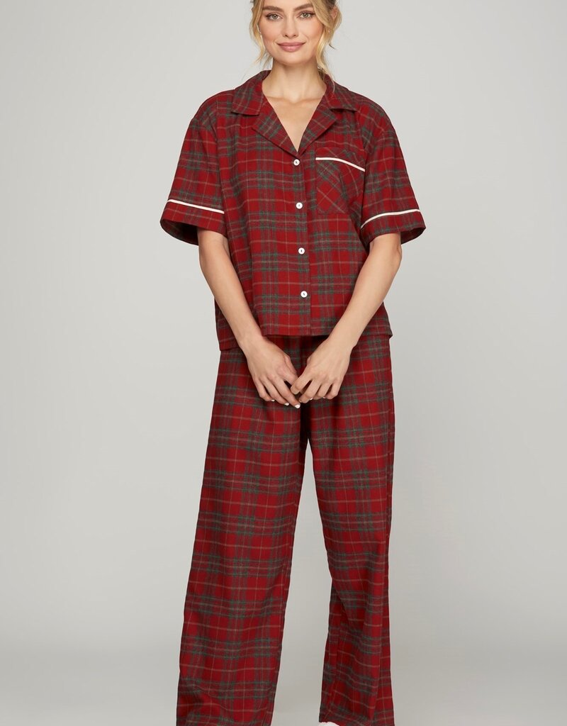 509 Broadway Woven Plaid SS Long Pant Pajama