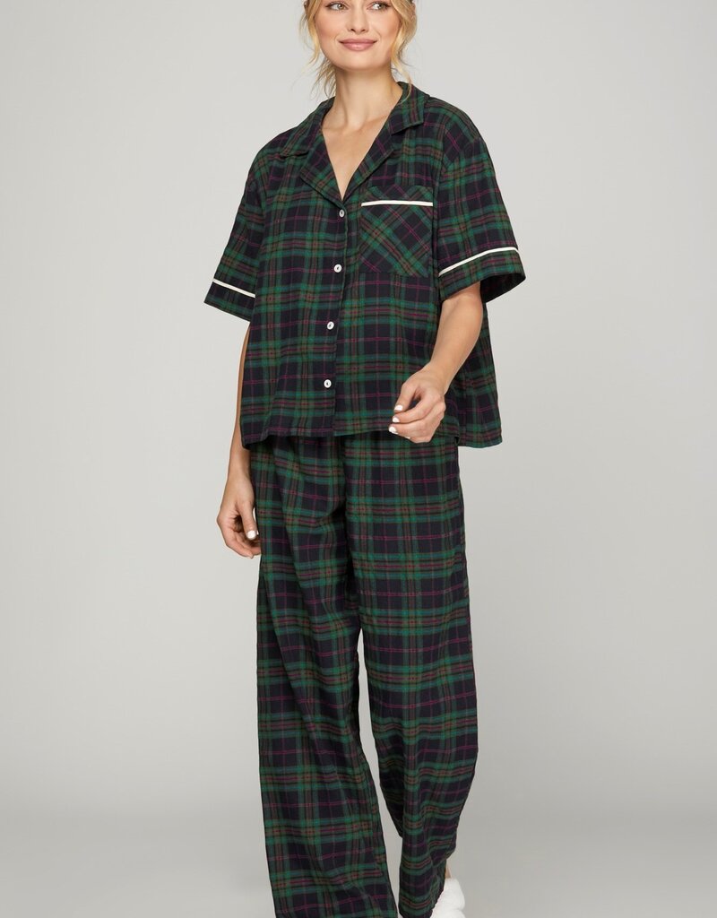 509 Broadway Woven Plaid SS Long Pant Pajama