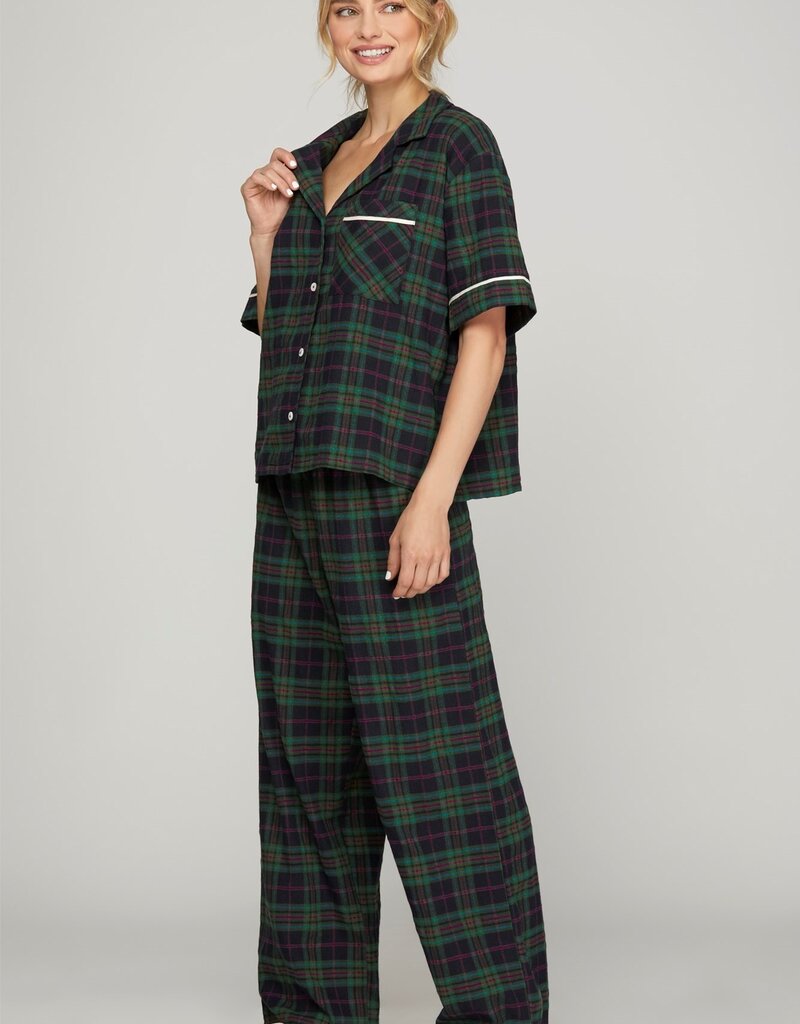 509 Broadway Woven Plaid SS Long Pant Pajama
