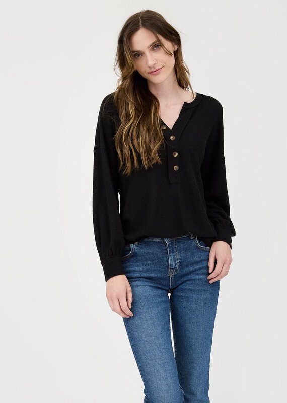 509 Broadway V-Neck Half Button LS Top