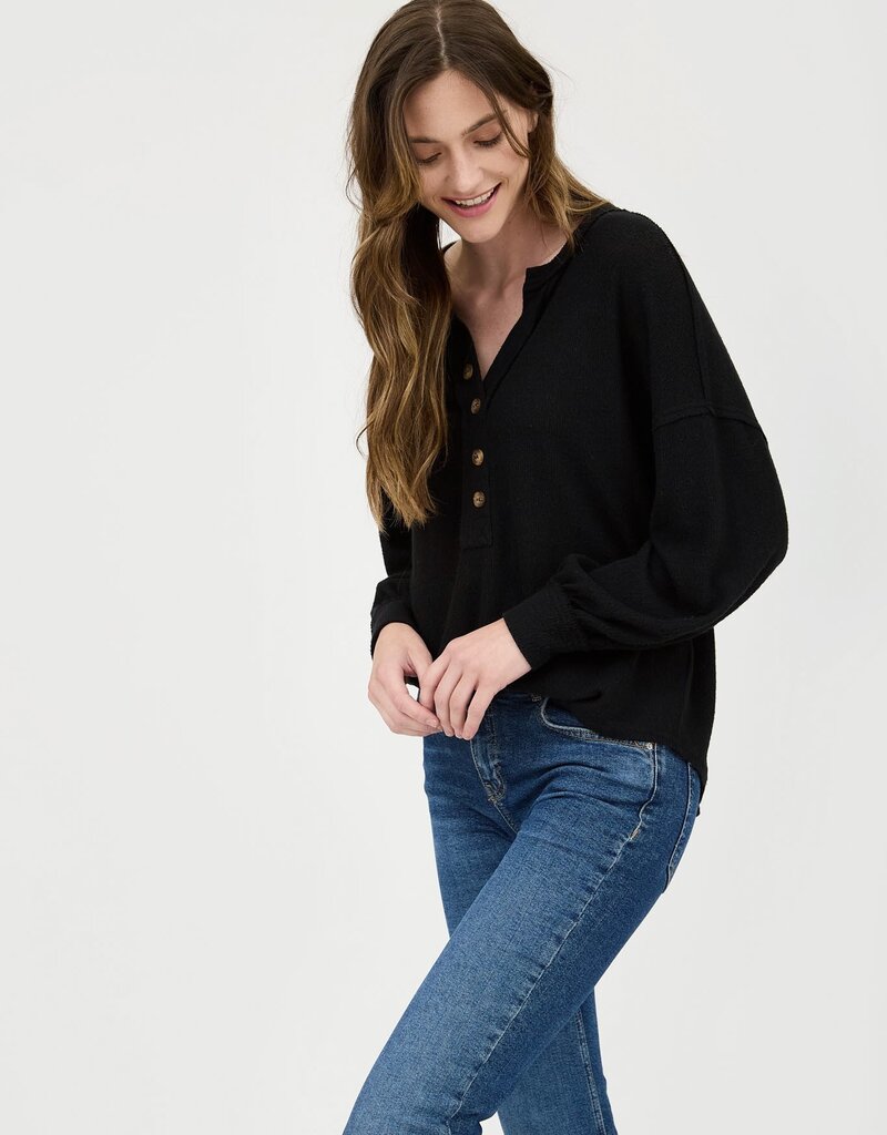 509 Broadway V-Neck Half Button LS Top