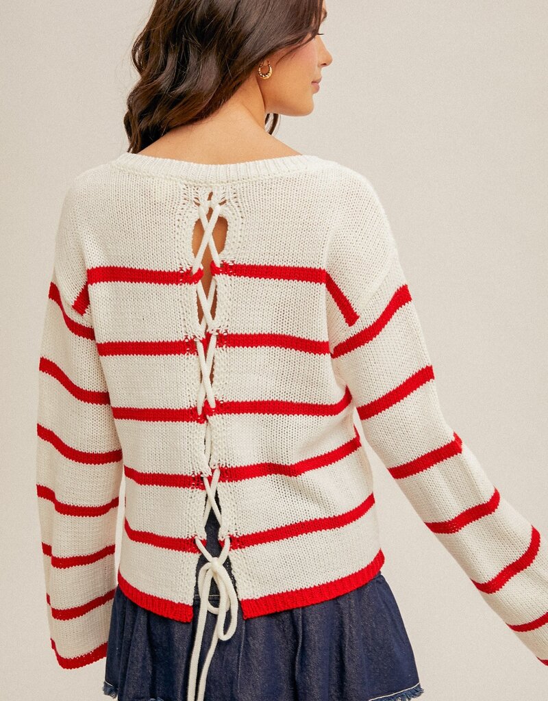 509 Broadway Lace Up Back Stripe Sweater