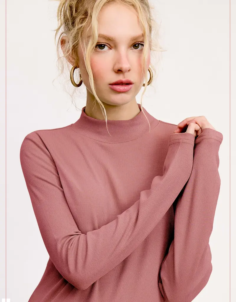 509 Broadway Stretchy Ribbed LS Mock Neck Top