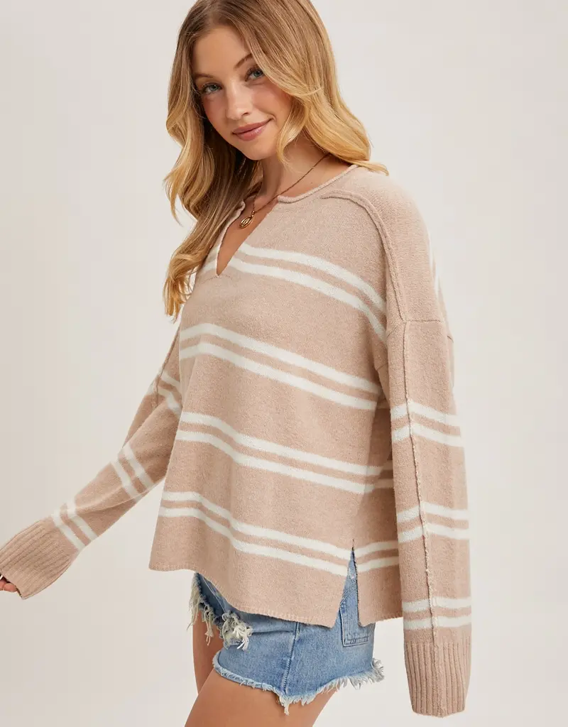 509 Broadway Notch Neck Striped Knit Sweater